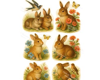 Könnte beinhalten: Sechs Illustrationen im Vintage-Stil mit Hasen, Vögeln, Schmetterlingen und Blumen. Die Hasen sind in verschiedenen Posen dargestellt, umgeben von bunten Blüten und Grün. Die Illustrationen haben eine weiche, pastellfarbene Farbpalette.
