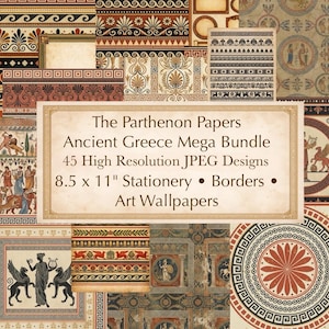 Op de afbeelding: Een collage van ontwerpen met een oud-Grieks thema, waaronder randen, briefpapier en kunstbehang. De afbeelding toont verschillende patronen en illustraties in tinten rood, zwart, beige en goud. De tekst luidt "The Parthenon Papers Ancient Greece Mega Bundle".