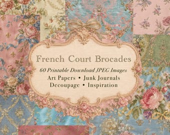 Könnte beinhalten: Eine digitale Collage aus floralen Brokatmustern in Rosa-, Blau- und Cremetönen mit einem zentralen, verzierten Rahmen und dem Text: French Court Brocades, 60 Printable Download JPEG Images, Art Papers, Junk Journals, Decoupage, Inspiration.