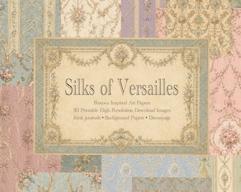 May include: A collage of patterned papers in pastel colors, including blue, pink, and cream, with floral and damask designs. The central framed text reads "Silks of Versailles" with additional text below. Ideal for junk journals and decoupage.