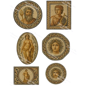 May include: A collection of six mosaic images featuring classical figures. The mosaics are in various shapes, including circles, ovals, and rectangles, and are framed with decorative borders. The figures include a bearded man with a trident, a person playing a lyre, and other classical figures.
