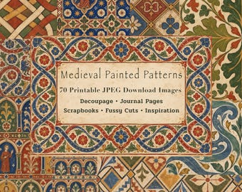 Könnte beinhalten: Eine digitale Sammlung mittelalterlicher gemalter Muster mit 70 druckbaren JPEG-Download-Bildern für Decoupage, Tagebuchseiten, Sammelalben, Fussy Cuts und Inspiration. Der zentrale Text ist von komplizierten roten, blauen und goldenen Blumenrändern umrahmt.