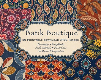 Könnte beinhalten: Eine digitale Collage aus Batik-Mustern mit Blumen-, Paisley- und geometrischen Motiven in Marineblau, Orange und Creme. Ein zentrales cremefarbenes Etikett trägt die Aufschrift Batik Boutique, 50 Printable Download JPEG Images, Decoupage, ScrapBooks, Junk Journals, Fussy Cuts, Art Papers, Inspiration.