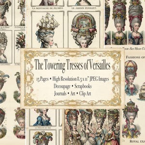 Puede incluir: Un collage de ilustraciones vintage que presenta a mujeres con peinados elaborados, que recuerdan la época rococó. La pancarta central dice "The Towering Tresses of Versailles" con detalles sobre las imágenes, que miden 21,59 x 27,94 cm.
