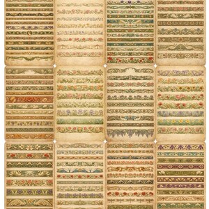 Puede incluir: Una colecci&oacute;n de dise&ntilde;os de bordes decorativos de estilo vintage. Cada dise&ntilde;o presenta elementos florales, geom&eacute;tricos y org&aacute;nicos en varios colores, incluyendo verde, dorado y rojo, sobre un fondo color crema. Los bordes est&aacute;n dispuestos sobre papel envejecido.