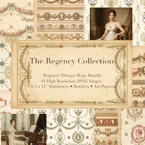 Może przedstawiać: Cyfrowy pakiet papieru zatytułowany "The Regency Collection" z wzorami w stylu vintage. Obraz zawiera dekoracyjne obramowania, papeterię i papiery artystyczne. Zestaw zawiera 45 wysokiej rozdzielczości obrazów JPEG, format papieru 21,6 x 27,9 cm.