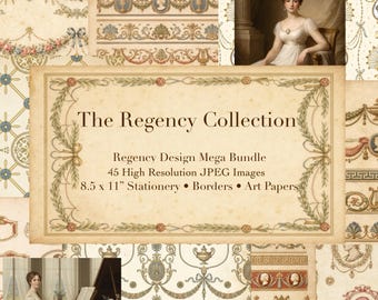 Könnte beinhalten: Ein digitales Papierbündel mit dem Titel "The Regency Collection" mit Designs im Vintage-Stil. Das Bild enthält dekorative Bordüren, Briefpapier und Kunstdrucke. Das Bundle enthält 45 hochauflösende JPEG-Bilder, Papierformat 21,6 x 27,9 cm.