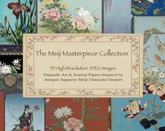 Könnte beinhalten: Sammlung digitaler Kunst mit japanisch inspirierten Designs. Die Kunstwerke umfassen Blumen- und Vogelillustrationen mit einer Vielzahl von Farben und Mustern. Der Text lautet "The Meiji Masterpiece Collection".