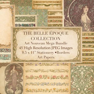 Puede incluir: Un conjunto de papeles y bordes digitales de estilo Art Nouveau. La imagen presenta una variedad de diseños, incluyendo patrones florales, bordes decorativos e ilustraciones Art Nouveau. El texto dice "THE BELLE ÉPOQUE COLLECTION" e incluye detalles sobre el paquete, como 45 imágenes JPEG de alta resolución, papel de 21,59 cm x 27,94 cm y bordes.
