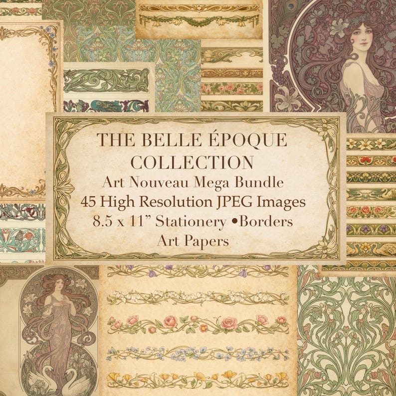 Puede incluir: Un conjunto de papeles y bordes digitales de estilo Art Nouveau. La imagen presenta una variedad de dise&ntilde;os, incluyendo patrones florales, bordes decorativos e ilustraciones Art Nouveau. El texto dice "THE BELLE &Eacute;POQUE COLLECTION" e incluye detalles sobre el paquete, como 45 im&aacute;genes JPEG de alta resoluci&oacute;n, papel de 21,59 cm x 27,94 cm y bordes.