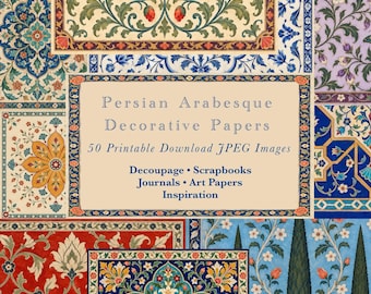 Könnte beinhalten: Eine Sammlung digitaler Dekorpapiere mit persischen Arabeskenmustern in Rot, Blau und Gold. Der zentrale Text lautet: Persian Arabesque Decorative Papers, 50 Printable Download JPEG Images, Decoupage, Scrapbooks, Journals, Art Papers, Inspiration.