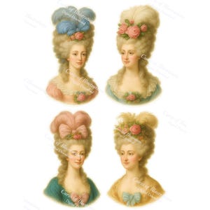 Puede incluir: Cuatro retratos vintage de mujeres con peinados elaborados, adornados con plumas, lazos y flores. Los retratos presentan colores pastel suaves, incluyendo rosa, azul y amarillo, con el texto "Curio of Illustrations - Digital Download".