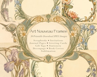 Könnte beinhalten: Eine Sammlung digitaler Rahmen mit Blumenillustrationen in gedeckten Blau-, Grün- und Pfirsichtönen. Der zentrale Text lautet Art Nouveau Frames, 50 Printable Download JPEG Images, Scrapbooks, Invitations, Journal Pages, Greeting Cards, Gift Tags, Stationery, Decoupage, Book Covers, Sublimation.