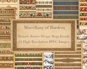 Könnte beinhalten: Eine Sammlung von Vintage-Bordürendesigns in verschiedenen Stilen und Farben, darunter florale, geometrische und verzierte Muster. Das Bild enthält einen zentralen Rahmen mit dem Text "Miscellany of Borders" und "Historic Border Design Mega Bundle".