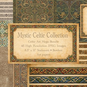 May include: A selection of Celtic art papers with detailed patterns in green, blue, and brown hues. The central image displays a framed text reading "Mystic Celtic Collection" and includes 21.6 cm x 27.9 cm stationery.