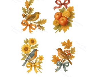 Könnte beinhalten: Aquarellillustrationen von Vögeln auf Ästen mit Herbstblättern, Eicheln, Äpfeln, Sonnenblumen und Beeren. Jede Illustration ist mit einer dekorativen Schleife in Orange, Gelb und Blau versehen. Der Hintergrund ist weiß.