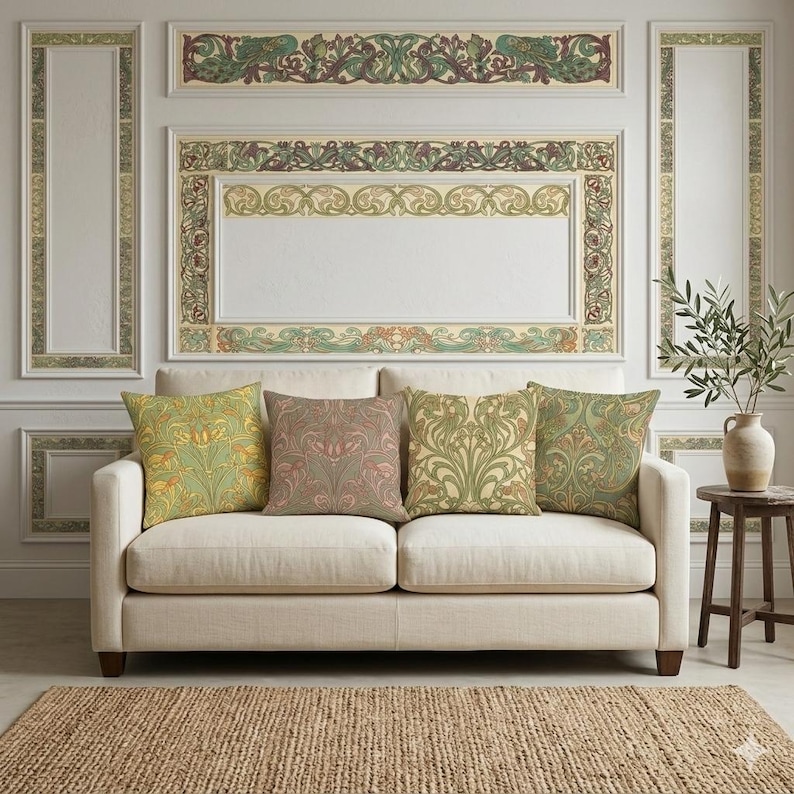 Puede incluir: Un sof&aacute; crema con cuatro cojines decorativos con dise&ntilde;os florales en tonos verdes, amarillos y rosas. El sof&aacute; est&aacute; frente a una pared con molduras ornamentadas y una alfombra de yute.