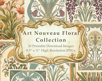 Könnte beinhalten: Eine Sammlung von floralen Art Nouveau-Designs. Das Bild zeigt verschiedene Blumenmuster in Beige-, Grün- und Lilatönen. Der Text lautet "Art Nouveau Floral Collection" und "20 druckbare Download-Bilder 21,59 cm x 27,94 cm hochauflösende JPEGs".