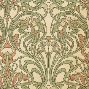 Puede incluir: Patr&oacute;n de estilo Art Nouveau con motivos florales y foliares estilizados en tonos verdes, rosas y marrones sobre un fondo crema. El dise&ntilde;o incluye elegantes figuras femeninas con cabello suelto.