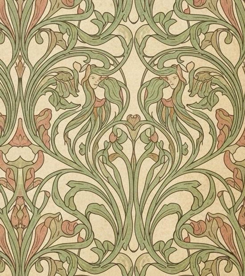 Puede incluir: Patr&oacute;n de estilo Art Nouveau con motivos florales y foliares estilizados en tonos verdes, rosas y marrones sobre un fondo crema. El dise&ntilde;o incluye elegantes figuras femeninas con cabello suelto.