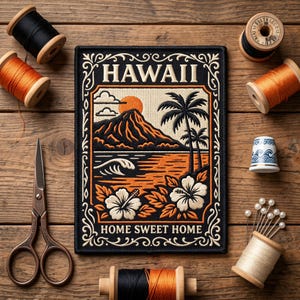 Hawaii Home Sweet Home Patch, Tropical Volcano Island Applique, Vintage Beach Backpack Badge, Hook and Loop Patch