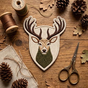 May include: Embroidered patch featuring a stag's head with large antlers, set against a cream-colored shield. The patch has brown, green, and cream colors. The patch is on a wooden surface with sewing supplies and autumn leaves.