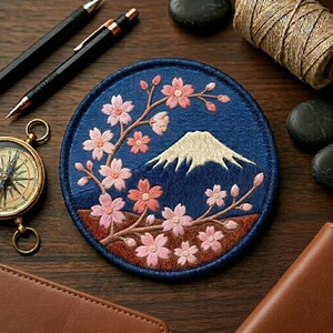 May include: Embroidered patch featuring a mountain scene with cherry blossoms. The patch is round with a dark blue background, a white mountain, and pink and coral flowers. The patch is surrounded by a dark blue border.