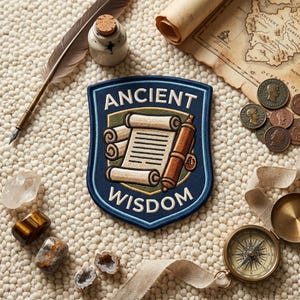 Ancient Wisdom Embroidered Patch, Scroll Badge, Knowledge Iron On Applique, History Lover Gift, Bookish Accessory