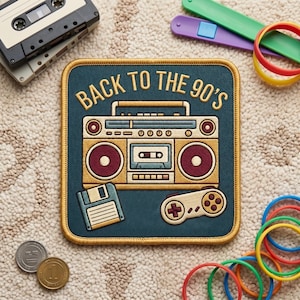Retro 90s Embroidered Patch Iron On Vintage Boombox Floppy Disk Controller Badge Applique