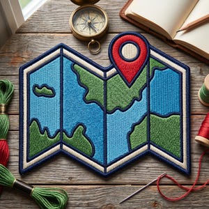 Travel Map Embroidered Patch - Location Pin Iron On Badge - Road Trip Applique - Explorer Canvas Bag Decor - Hook and Loop