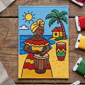 Afro Latina Drummer Embroidered Patch, Caribbean Culture Iron On Applique, Tropical Folk Art Badge for Backpacks and Jackets