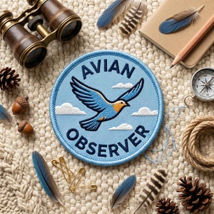 May include: A circular embroidered patch with a light blue background featuring a flying blue bird with orange accents, white clouds, and the dark blue text "AVIAN OBSERVER" arched along the top and bottom edges of the circular border.