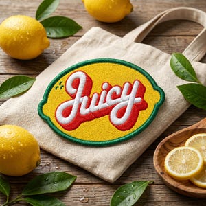 May include: A beige canvas tote bag featuring a large, oval-shaped embroidered patch. The patch is yellow with a green border and displays the word "Juicy" in white script lettering with a red shadow effect, surrounded by fresh whole lemons.