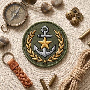 May include: A circular olive green embroidered patch featuring a central silver anchor overlaid with a gold star, surrounded by a gold laurel wreath. The patch is displayed alongside a brass compass, brown leather keychain, and metal buttons.