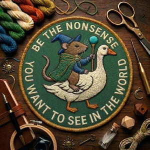 Wizard Mouse Goose Patch – Fantasy RPG Quote Iron On Badge (Hook and Loop Backing)