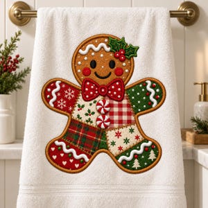 Christmas Gingerbread Man Machine Embroidery Design, Patchwork Cookie with Holly Berries & Red Bow, Holiday Baking PES DST JEF Files