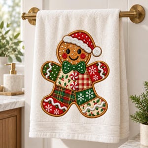 Christmas Gingerbread Man Machine Embroidery Design, Patchwork Cookie with Santa Hat & Bow, Holiday Baking PES DST JEF Files