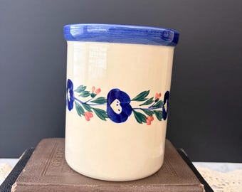 Vintage DesignPac Blue Floral Ceramic Crock | Hand Painted Utensil Holder Vase