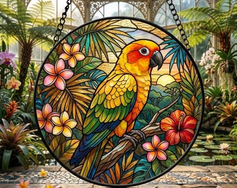 Parrot Sun Conure Stained Glass Window Hanging Tropical Flower SunCatcher Round Home Wall Decor