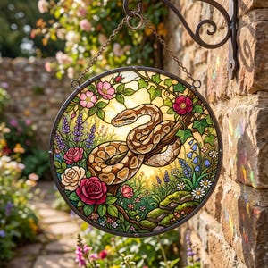 May include: A circular stained glass suncatcher featuring a brown patterned snake coiled around a branch, surrounded by colorful flowers including pink roses, lavender, and white daisies, suspended by a metal chain from a wall-mounted bracket.