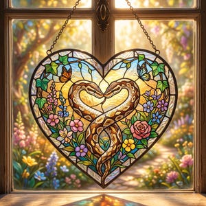 May include: A heart-shaped stained glass suncatcher featuring two intertwined snakes forming a heart silhouette, surrounded by colorful flowers, green ivy leaves, and two butterflies, all encased in a dark metal frame with a hanging chain.