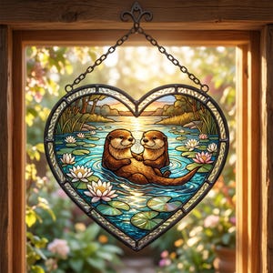 May include: Heart-shaped stained glass window art featuring two otters in a pond with lily pads and flowers. The artwork is framed by a black metal border and chain, and is set against a sunny outdoor backdrop.