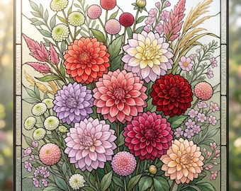 Wildflower Dahlia Cosmos Bouquet Square Stained Glass Suncatcher Window Hanging Panel