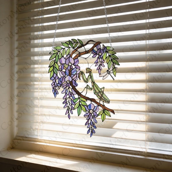 Wisteria Praying Mantis Suncatcher, Acrylic Floral Window Decor