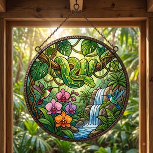 May include: A circular stained glass suncatcher featuring a green snake coiled on a tree branch, two hummingbirds, pink and orange orchids, and a waterfall. The piece is framed in a dark metal border and hangs from a metal chain.