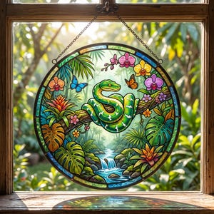 May include: A circular stained glass suncatcher hanging in a window, featuring a green snake coiled on a tree branch above a waterfall. The design includes colorful tropical flowers, large green leaves, and two butterflies in a lush jungle scene.