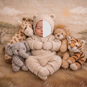 May include: A newborn baby in a beige bear-themed outfit, surrounded by plush animal toys: a giraffe, elephant, lion, and tiger. The background features a savanna scene with trees and a cloudy sky.