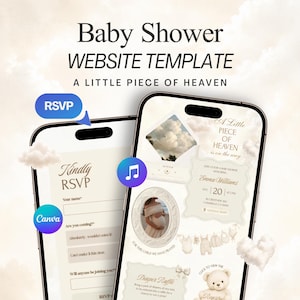 Pode incluir: Um modelo de site para chá de bebê exibido em dois smartphones, com um tema na cor creme, gráficos de nuvens, um formulário RSVP, detalhes do evento para Emma Williams, uma seção de rifa de fraldas e uma ilustração de um ursinho.