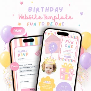 Digital Fun to Be One Birthday Invitation Template, Girl 1st Bday Invite with RSVP and Wishlist, Editable Canva Colorful Girl Party Website