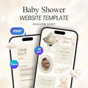 May include: A digital baby shower website template displayed on two smartphones. The screens feature a cream and beige color palette with cloud motifs, text reading Baby Shower WEBSITE TEMPLATE HEAVEN SENT, RSVP forms, a photo frame, and a teddy bear.